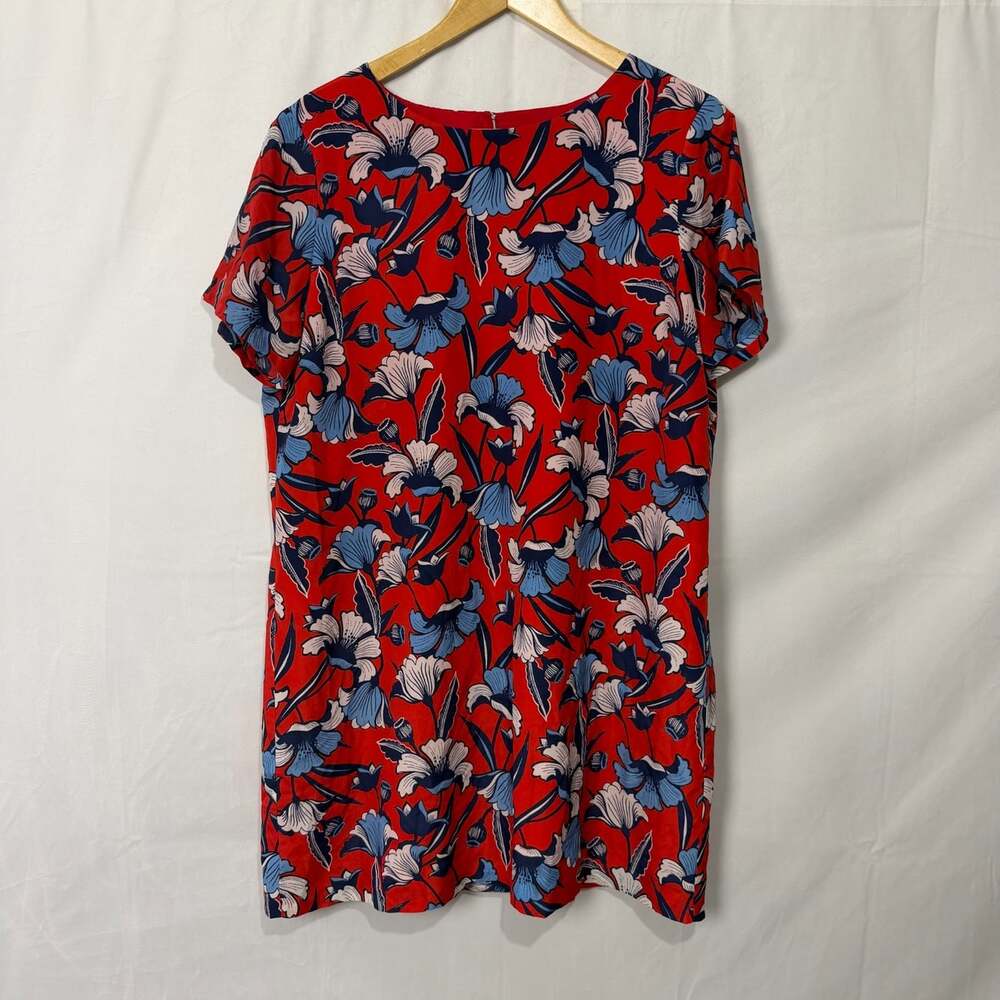 JCrew Printed Gallery Shift Dress Size 18 Red Blue Floral Short Sleeve
